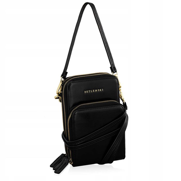 BETLEWSKI Torebka Na Telefon Listonoszka Damska Mała Skórzana Czarna
