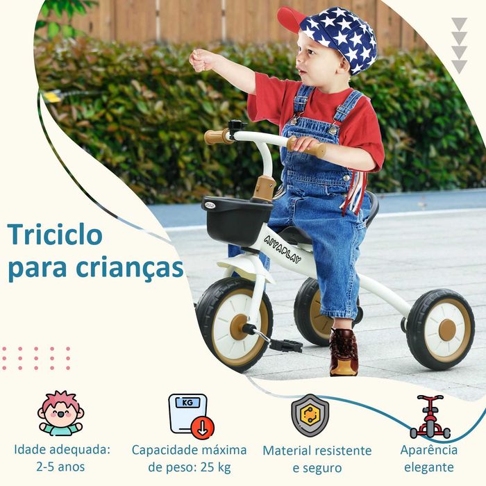 Triciclo para Crianças de 2 a 5 anos, Assento Ajustável, Bege