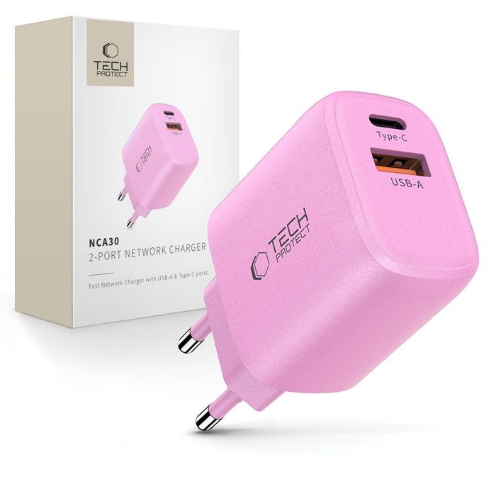 Tech-Protect NCA30 2-portowa ładowarka sieciowa PD 30W / QC3.0 jasnoróżowy