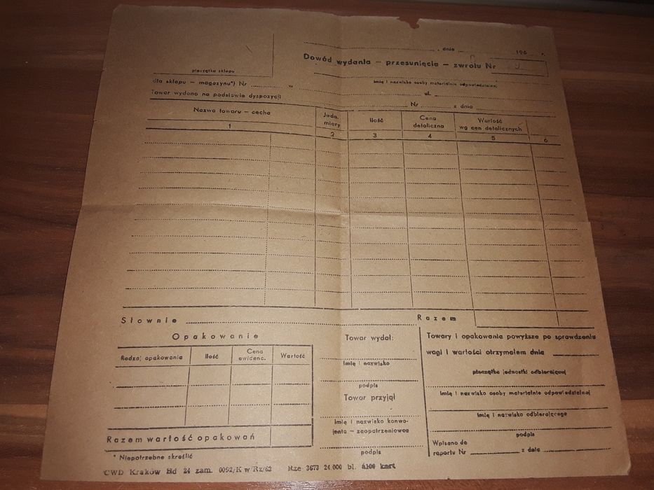 Formularz dowód wydania przesunięcia zwrotu 1962