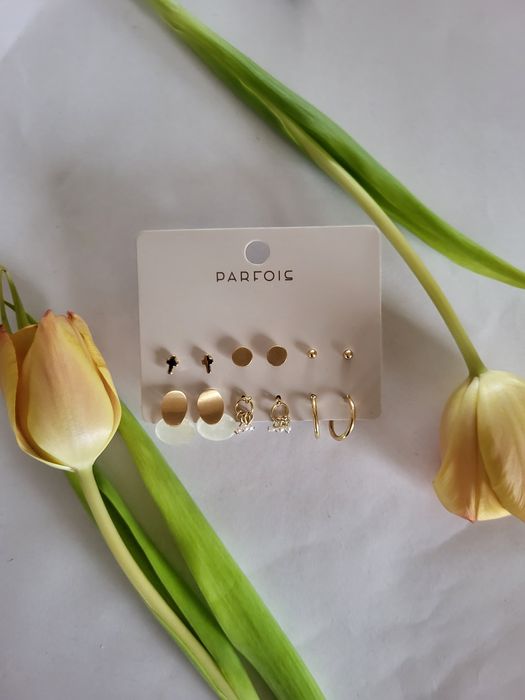 Złote kolczyki Parfois sztyft koła krzyżyki kulki perełki