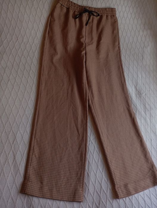 ZARA XL szerokie beżowe brązowe spodnie w kratkę