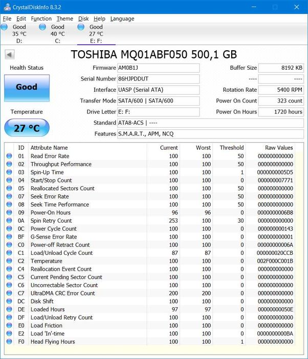 Жесткий диск Toshiba 500gb 2.5" smart 100%