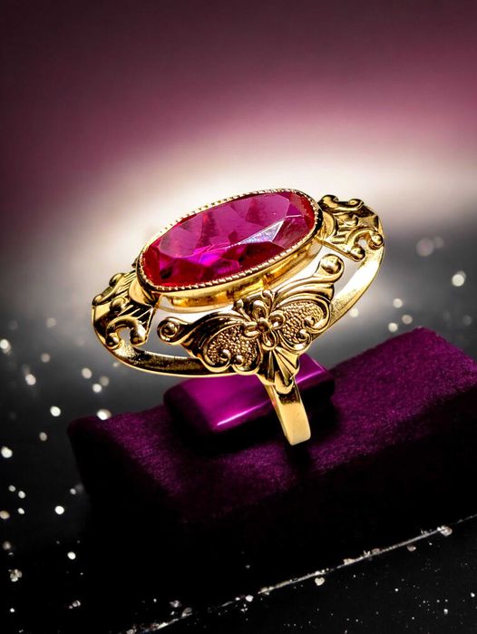 Zdobiony pierścionek z czerwonym oczkiem I 585 I Świetny stan