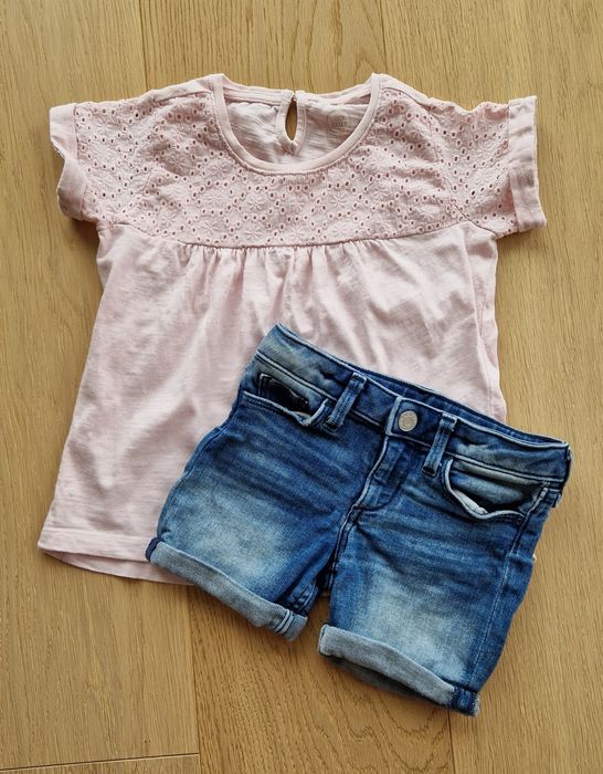 Krótkie spodenki jeansowe H&M &Denim rozm. 98cm plus bluzeczka