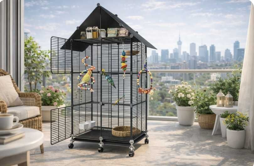 Металева велика клітка для птахів, пташиний будинок з дахом