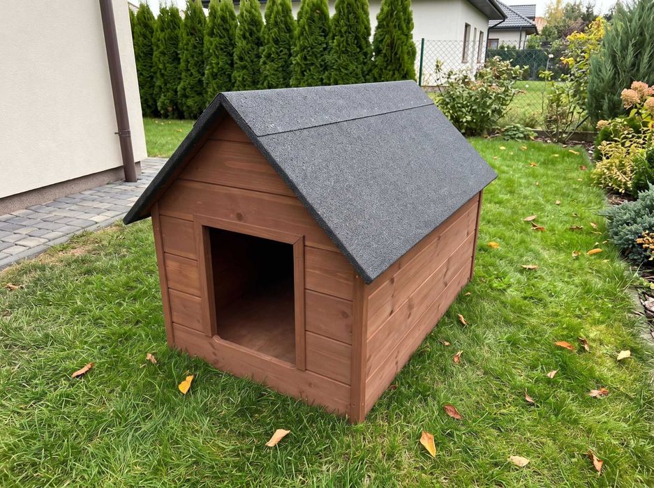 PRODUKCJA NOWA Buda Dla Dużego PSA Ocieplana Xxl 122x99x104 Cm Palisander, Drewniana Z Dachem Z Papą I Kurtyną Wejściową Do Ogrodu