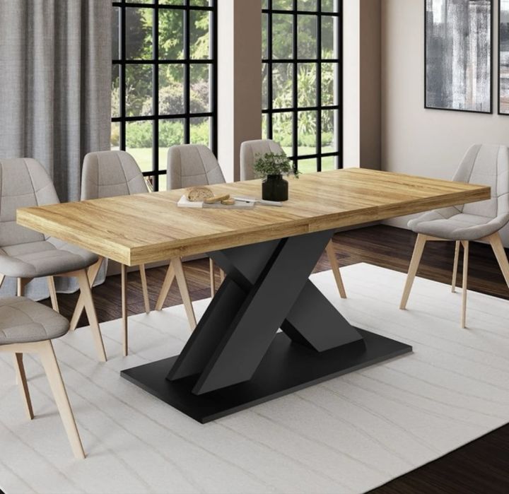 Mesa de jantar extensível Alexia - Imitação de madeira e preto