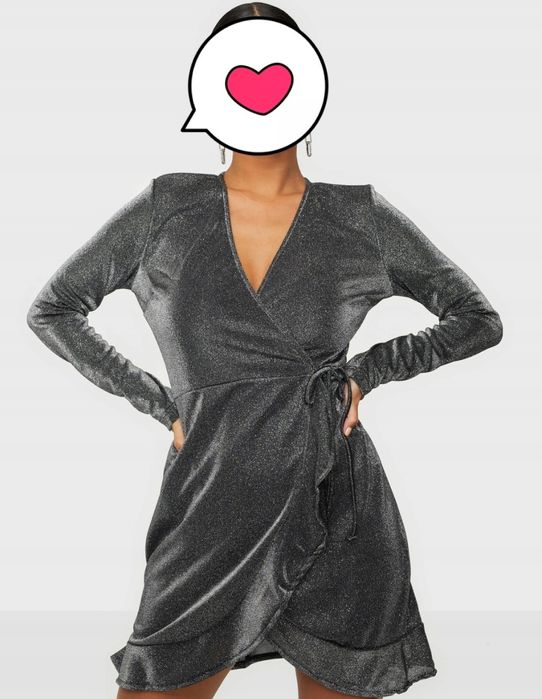 Rozmiar M sukienka błyszcząca Nelly, srebrna kopertowa wizytowa