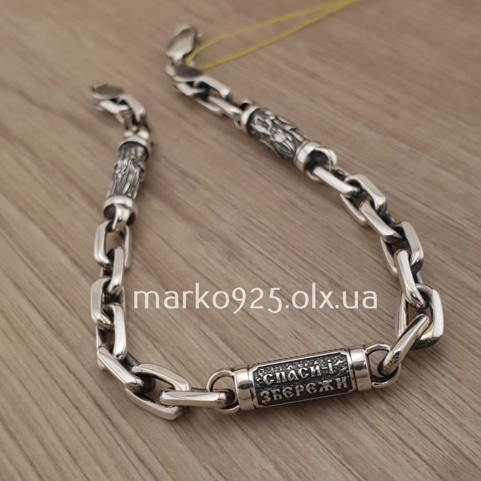Чоловічий срібний браслет якірний зі вставками святих Цепочка на руку