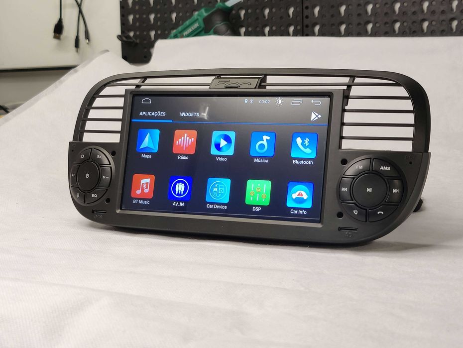 Radio 2 DIN Android 13 Fiat 500 Preto - GPS WIFI CarPlay - Novo