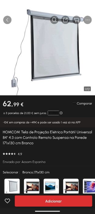 Tela de projeção eletrónica 84"
