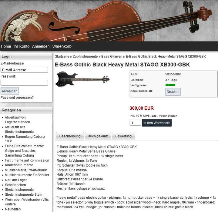 E-Bass Gothic Black Heavy Metal STAGG XB300-GBK