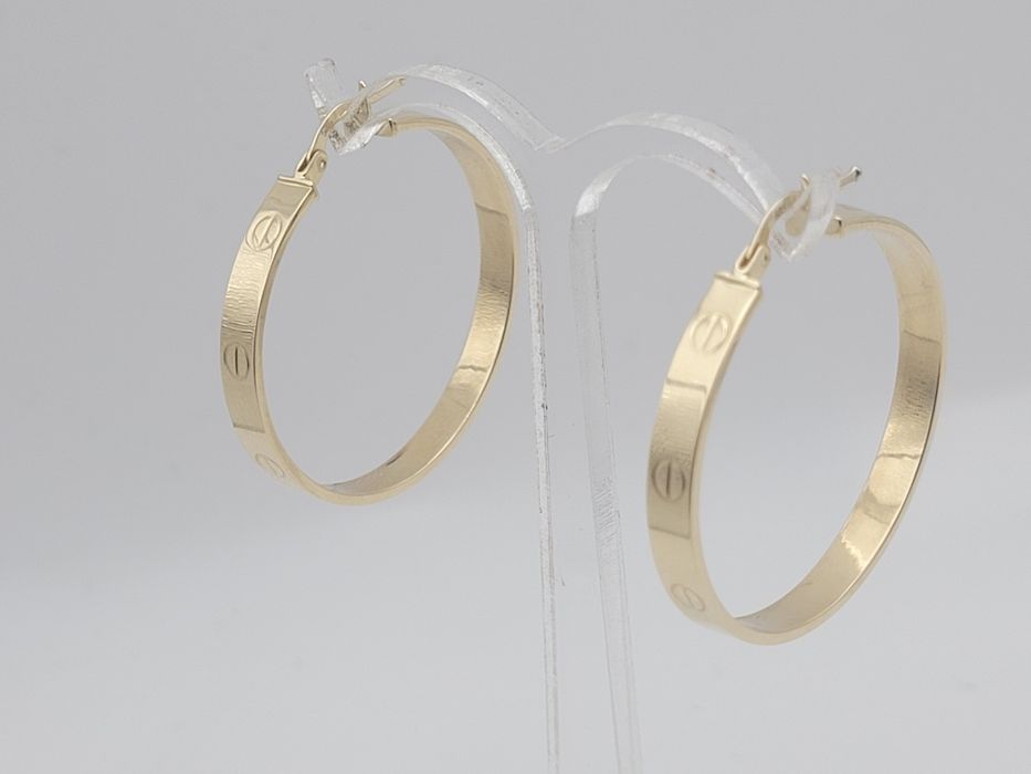 Nowe złote kolczyki złoto próby 585, koła średnicy 34 mm, śrubki