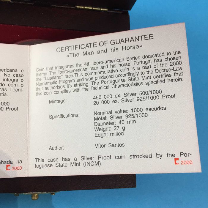 1000 Escudos 2000 O HOMEM E SEU CAVALO prata PROOF estojo e certificado