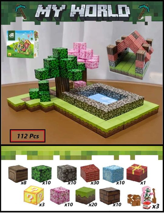 Klocki magnetyczne typ Minecraft 112szt 3figurki, Mocny magnes!!!