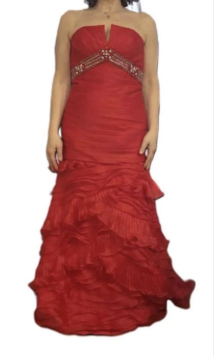 Vestido cerimónia Rosa Clará vermelho comprido com folhos, S