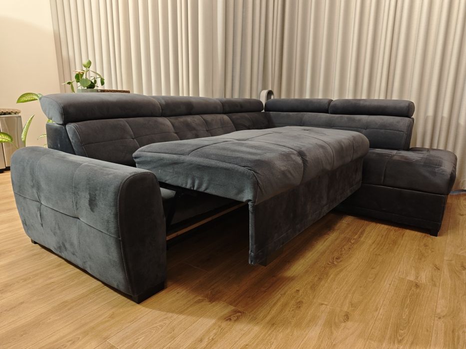 Sofá com chaise long, cama e arrumação – Cinzento Escuro