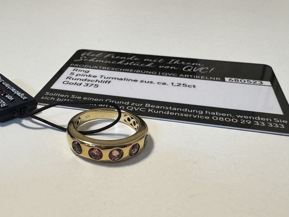 Nowy złoty  pierścionek 375 z 5 różowymi turmalinami 1.25ct 19mm