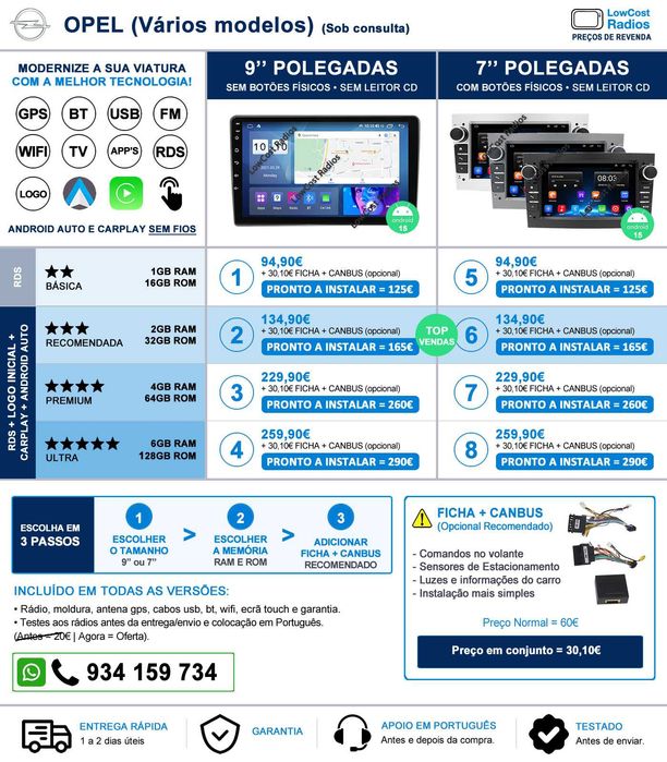#OUTUBRO! OPEL ASTRA, CORSA, VECTRA, ZAFIRA | AUTO RÁDIO • GPS • BT • USB | ANDROID 15 | 7" e 9" | CARPLAY • ANDROID AUTO