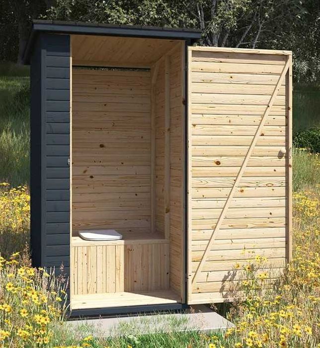 Drewniana toaleta ogrodowa WC podwórkowe wychodek sławojka na zewnątrz bez kanalizacji wolnostojąca leśna ekologiczna z drewna