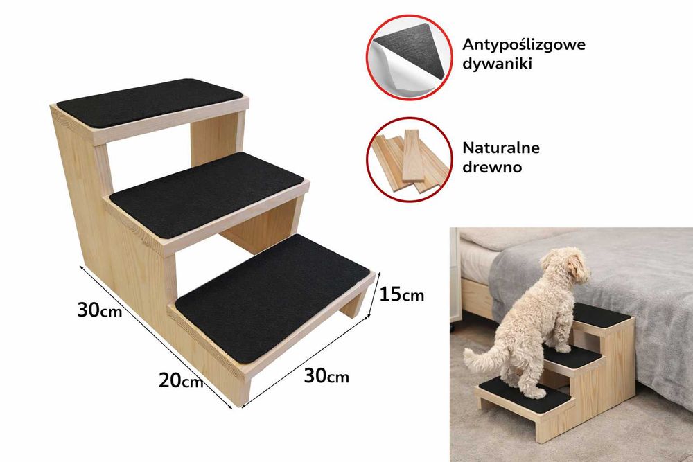 3-stopniowe drewniane schodki dla psa – wygoda i zdrowie stawów./podest 3 stopnie 30cm