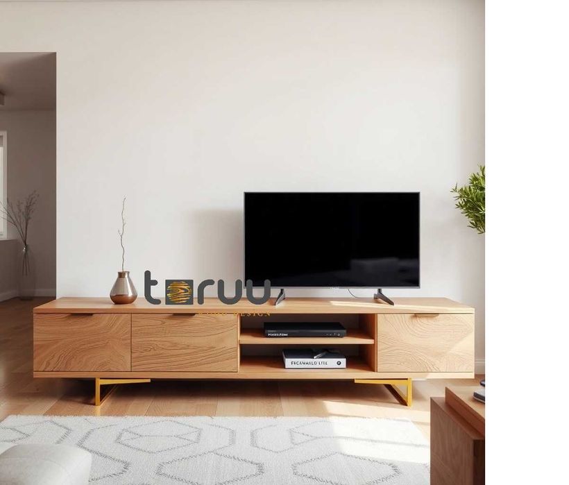 Móvel Tv Estilo Moderno Nogueira e/ou Carvalho c/ Inox Dourado