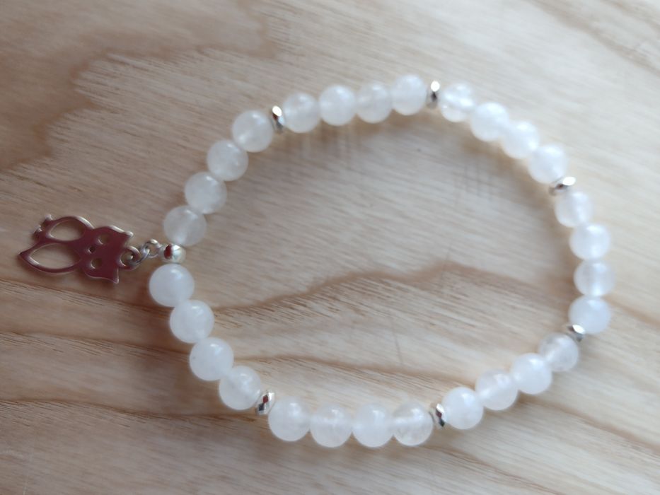 bransoletka damska 18cm biały kryształ górski i sowa