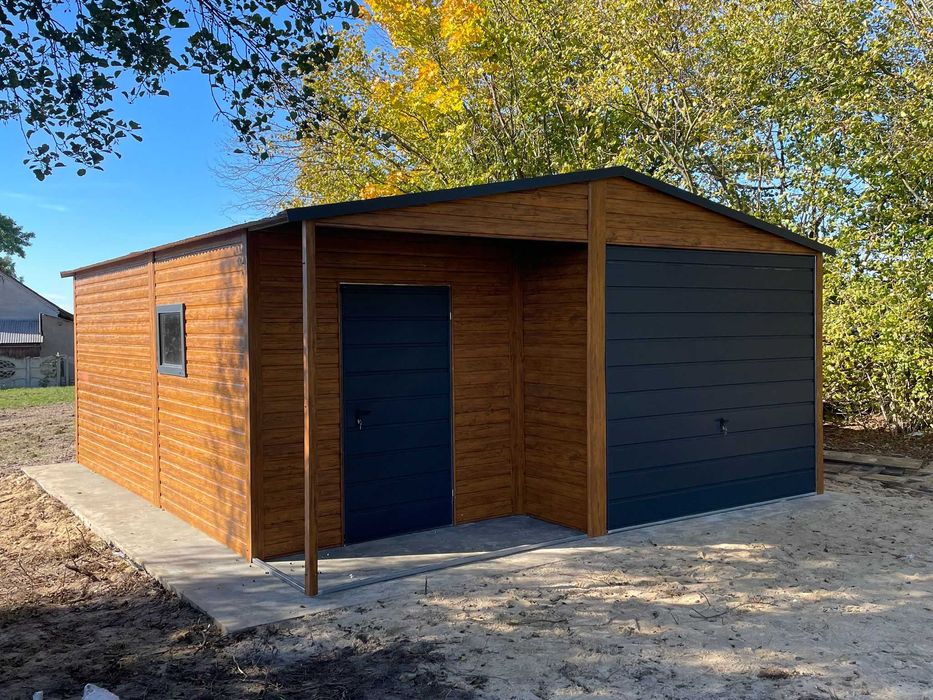 Garaż blaszany dwuspadowy 5x6m z wnęką złoty dąb + grafit MAT PREMIUM