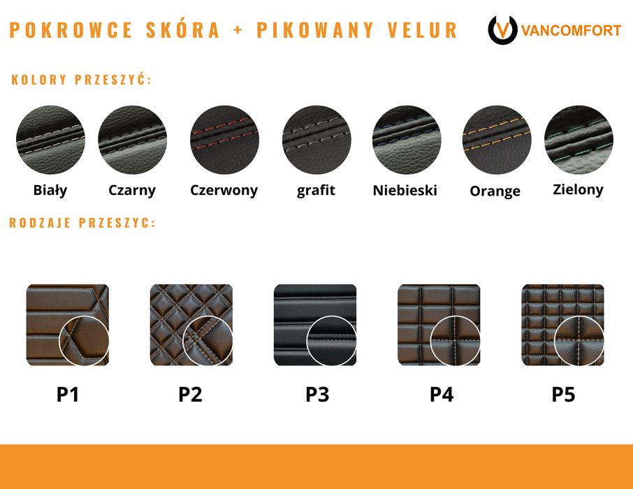 Pokrowce na fotele VW T5 i T6 - 8 os. Pikowany Welur Szyte ręcznie