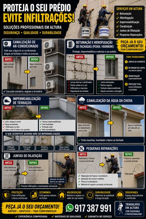Proteja o Seu Prédio | Impermeabilização, Juntas de Dilatação, Canalização e Trabalhos em Altura  Evite infiltrações, humidade