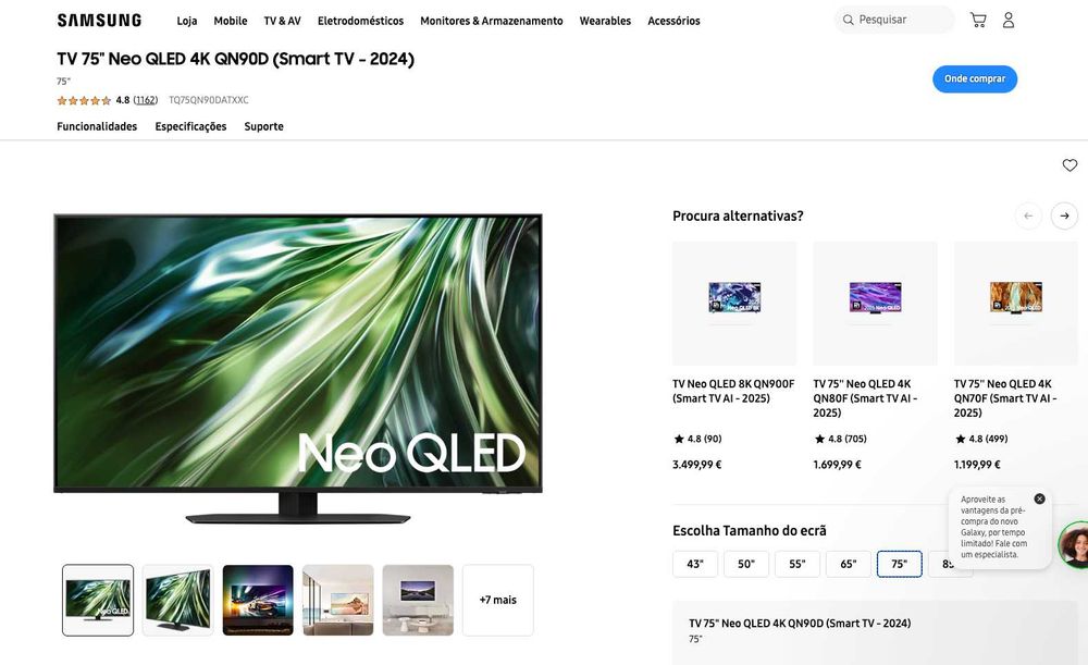 SAMSUNG TV 75" Neo QLED 4K QN90D (COMO NOVO)
