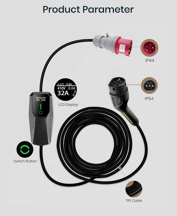 Carregador Carro Elétrico / Híbrido NOVO - 32A - 7.6kW / 11kW ou 22kW