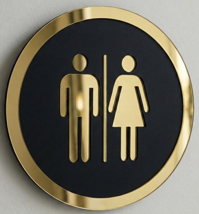 Nowoczesna Tabliczka WC – Czarny Mat & Złote Lustro (15 cm)