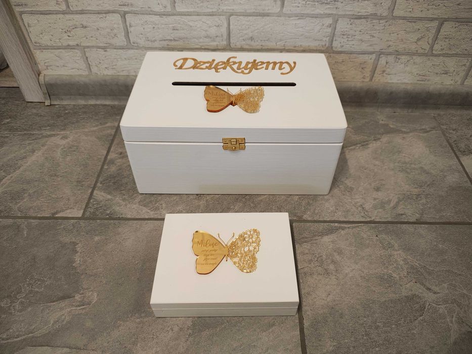 pudełko na obrączki skrzynka na koperty nowy zestaw ślubny motylki ślub wesele białe złote