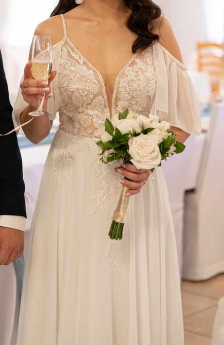 Muślinowa zwiewna suknia ślubna 36/38 + doczepiane rękawki