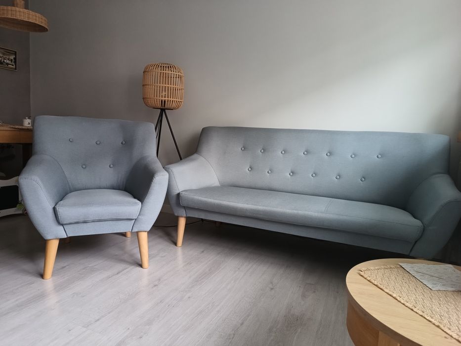 Sofa , fotel, pufa szaroniebieski zestaw