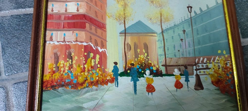Quadro Vintage Paisagem Urbana - Pintura de Cena de Rua com Moldura de Madeira
