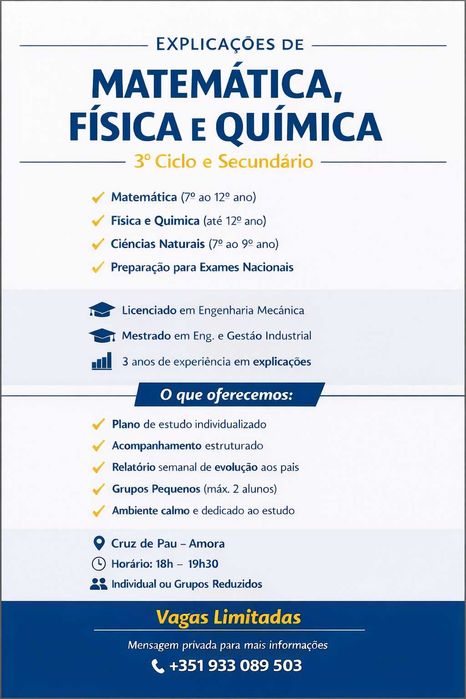 Explicações Matemática 7º–12º | FQ | Cruz de Pau – Vagas Limitadas