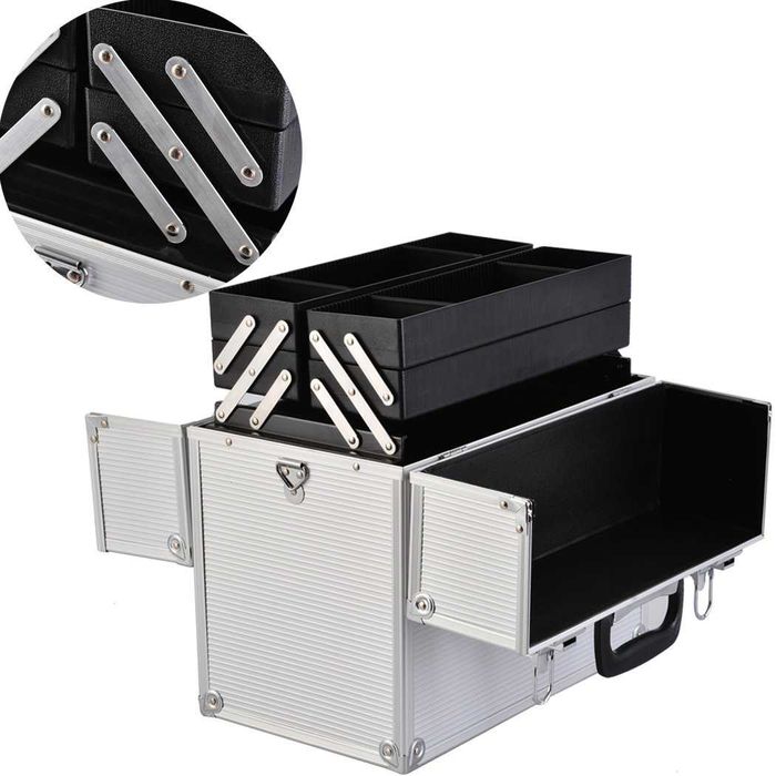 kufer na kosmetyki kuferek manicure srebrny przegródki