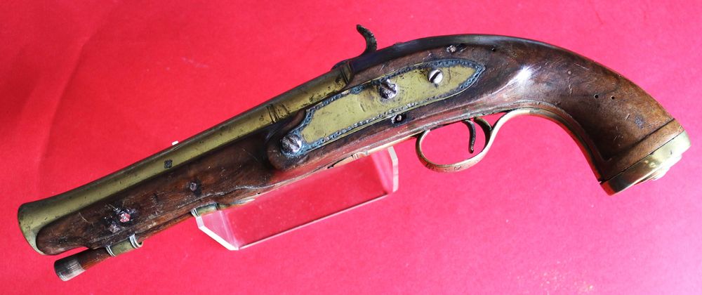 Pistola percussão portuguesa cano bronze boca de sino rara