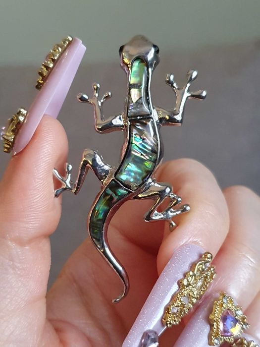 Broche / pregadeira / alfinete de peito lagarto com concha