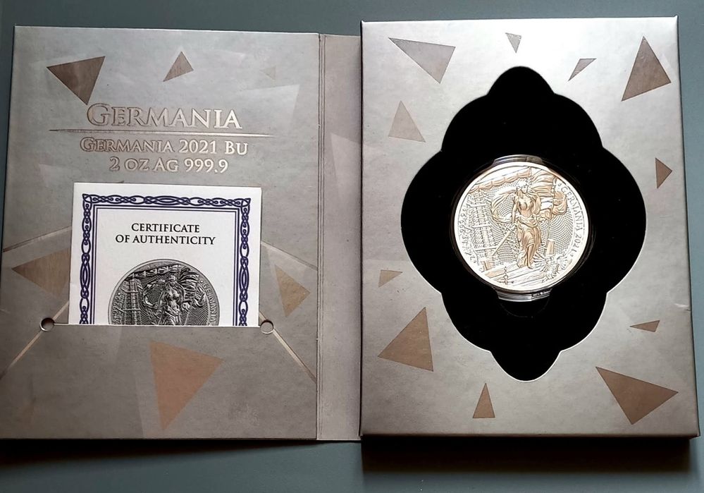 GERMANlA MINT. 2 OZ. (62,2 гр.) 2021р. СРІБЛО. Сертифікат. Комплект.