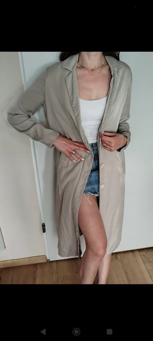 Klasyczny trencz płaszcz jesienny  jasny popiel szary 100% tencel