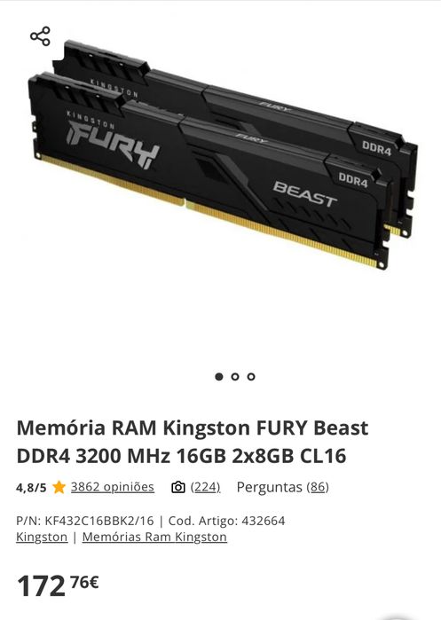 Memoria Ram Kingston 2x8gb 3200mhz cl16 1N DDR4