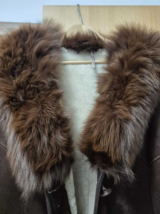 Kożuch damski naturalny długi czekoladwy z lisem Vintage