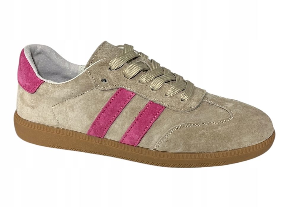 Sneakersy Półbuty Damskie Skóra Beżowy-Róż Zamsz 38