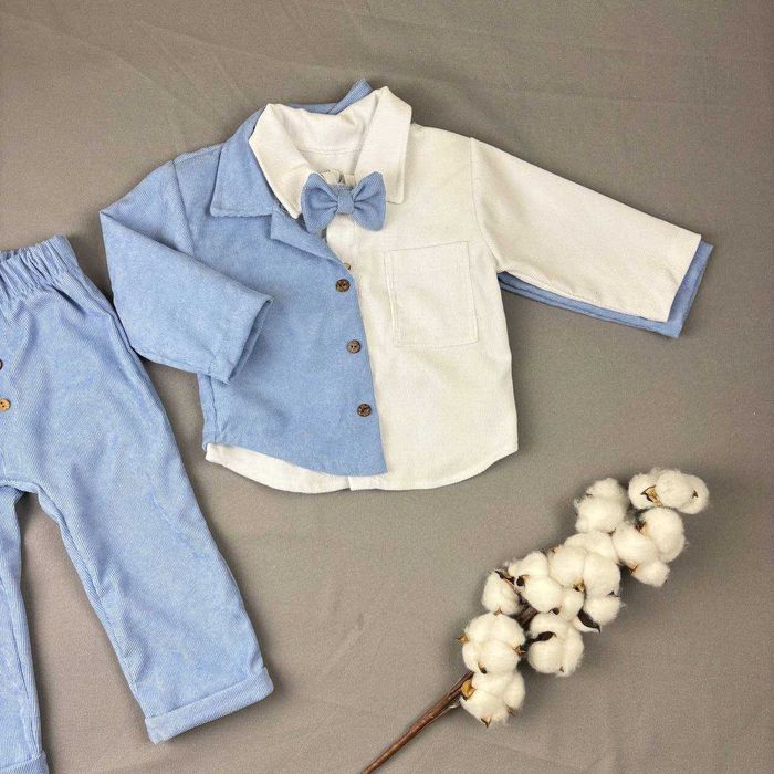 Святковий костюм для хлопчика вельветовий блакитний,піджак підтяжки