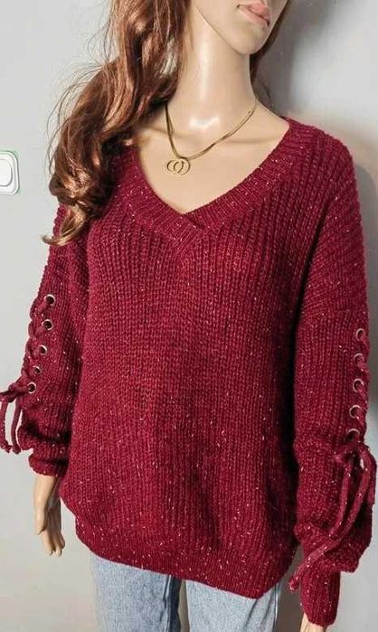 Sweter bordowy bordo burgundowy 4XL 48 dekolt serek basic plus size