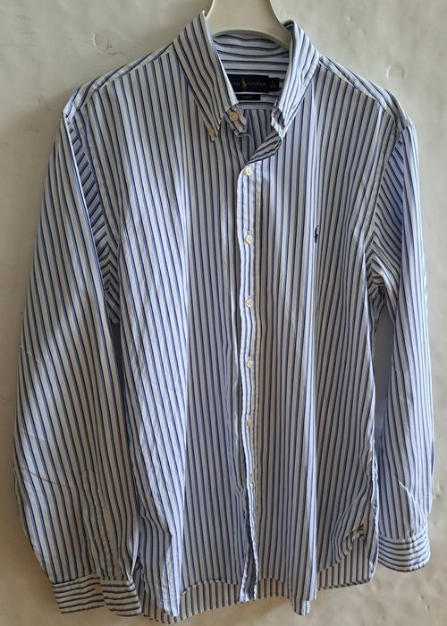 Koszula Biała Paski Pionowe Długi Rękaw Roz. 16 Slim Fit Ralf Lauren